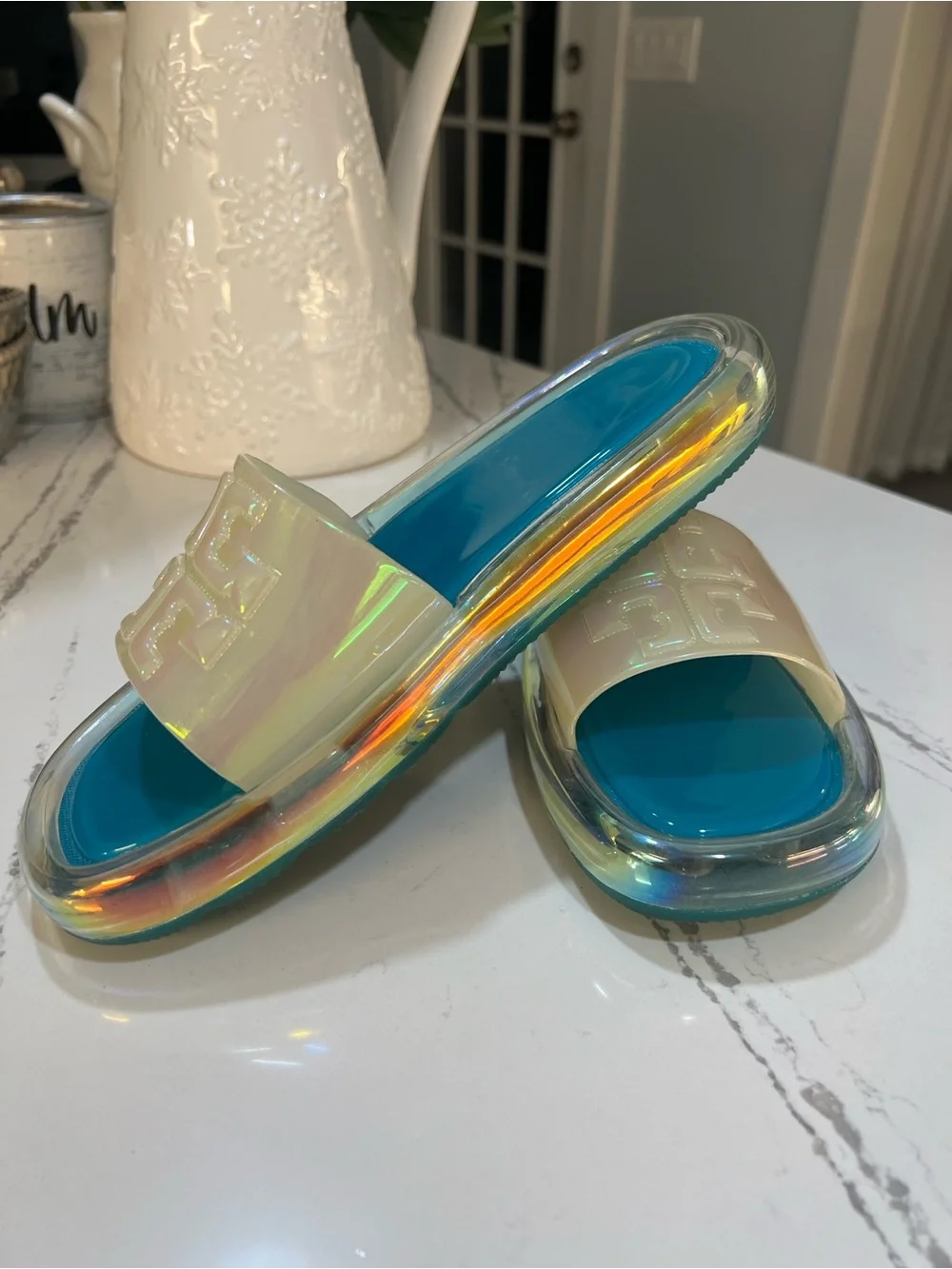 Tory Burch Green Teal Footbed Iridescent Slide Sandals size 7